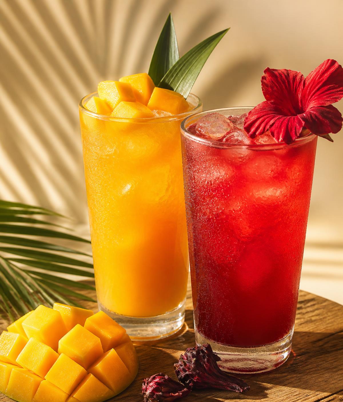 Two tropical iced beverages garnished with mango and hibiscus